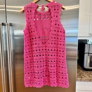 Ganni | Dresses | Nwt Ganni Pink Crochet Knit Coverup Mini